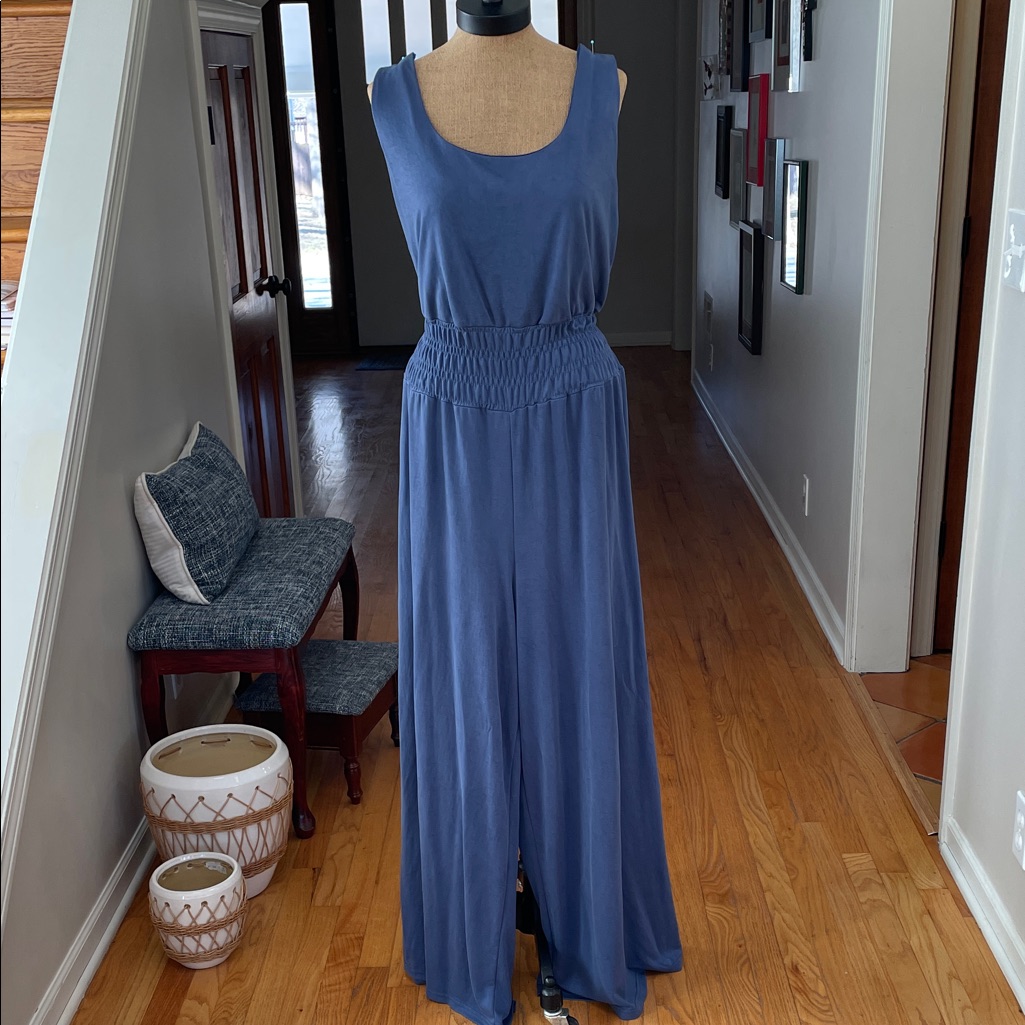 Sleeveless Blue Wide-Leg Jumpsuit With Smocked Waist